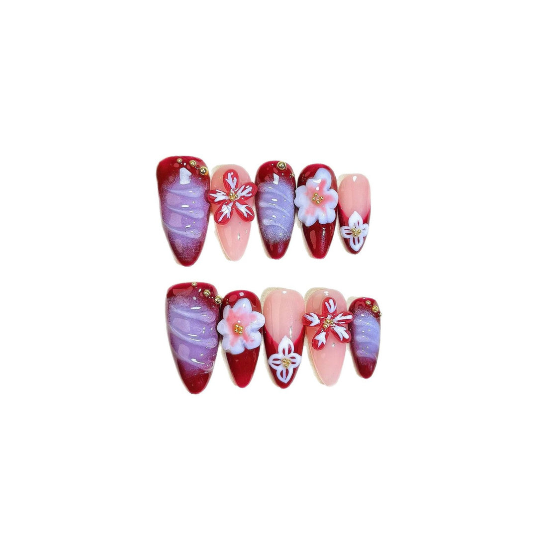 Blooming Red & Lilac Almond Nails
